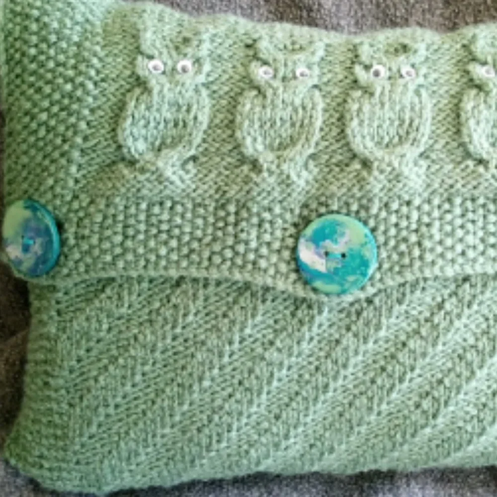 Hand Crafted Pillow Knit Sage Green Owl Googly Eye Hand Painted Button H…